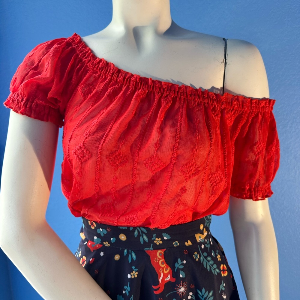 ModCloth red sheer off the shoulder top, size small